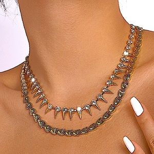 Gold Spiked Crystal Chain Multilayer Necklace